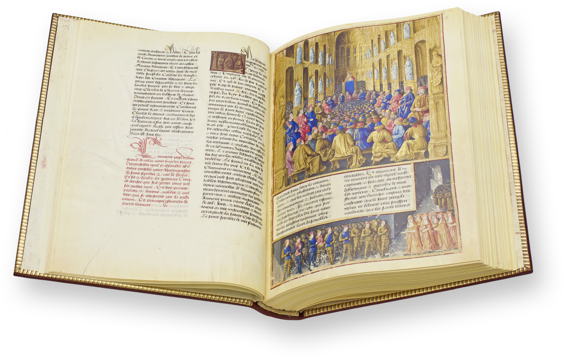 The Crusades: Les Passages d'Oultremer During the Council of Clermont in November 1095, depicted here by Jean Colombe, Pope Urban II proclaimed the First Crusade, from whose conquests the Crusader states resulted. (The Crusades: Les Passages d'Oultremer, Bourges (France) — 1474)