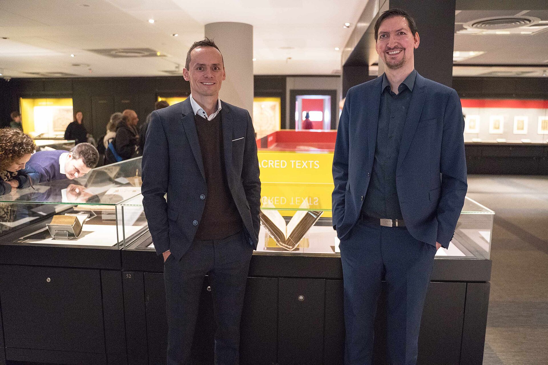 Georg and Christian Ziereis in front of the famous Lindisfarne Gospels