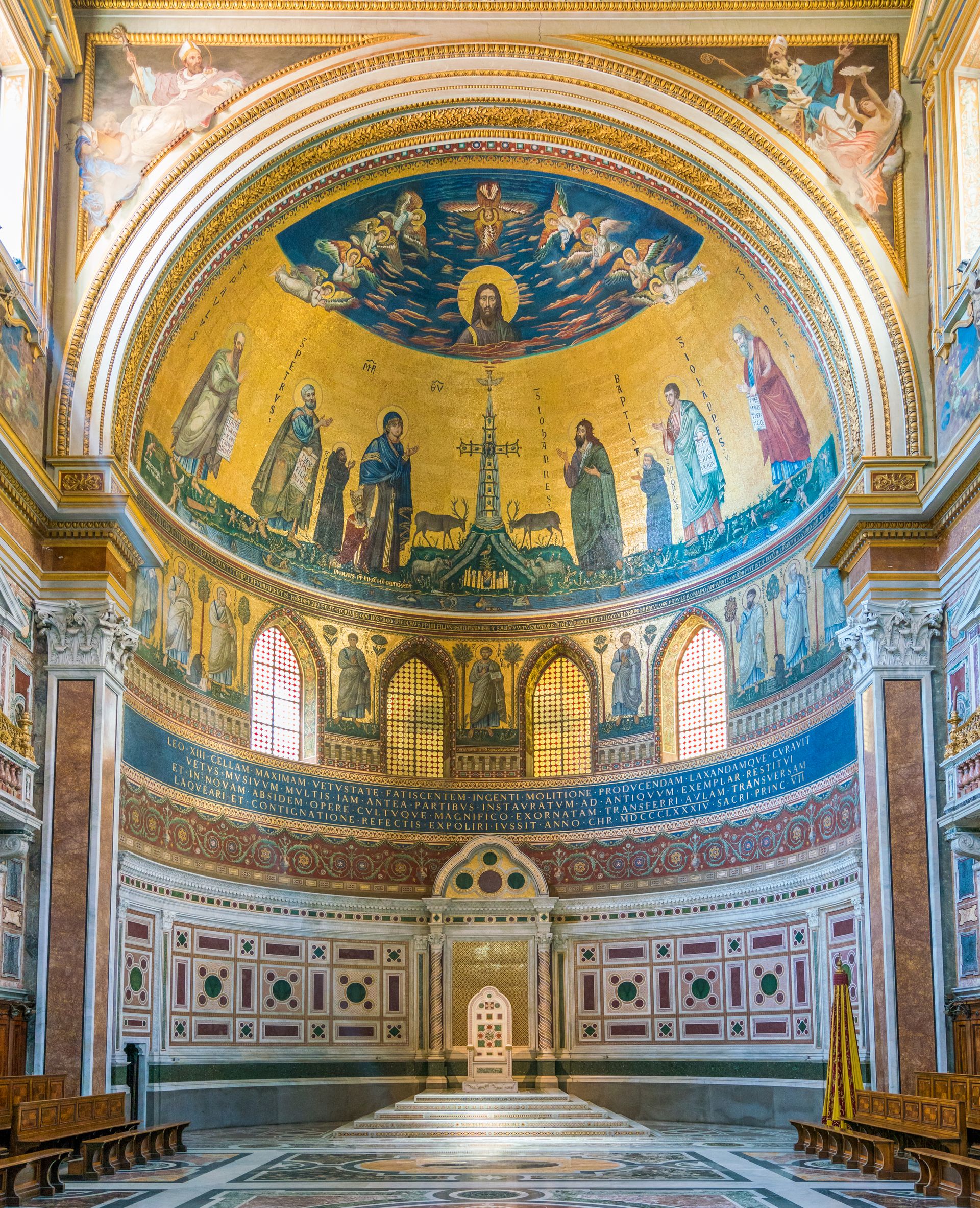 Apse mosaic in the Archbasilica of St. John Lateran, Rome (Source: iStock/e55evu) The reconstructed apse mosaic, originally created between 1288 and 1292, depicts the four rivers of Paradise as the source of life, fed directly by Christ via the dove of the Holy Spirit and the Tree of Life in the form of a cross. (Source: iStock/e55evu)