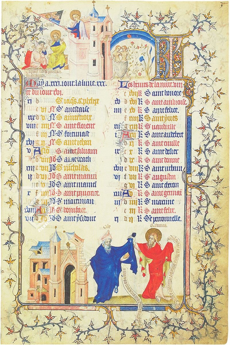 Calendar pages sometimes depict saints, often local saints, whose feast days occur during that particular month (Petites Heures of the Duke of Berry, Paris, France — 1372–1390)