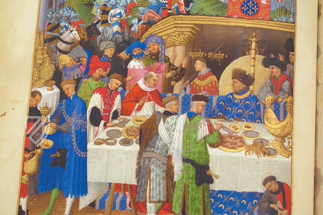 The Duke's New Year's Feast, January - not all "labors of the month" involved work (The Très Riches Heures of the Duke of Berry, Paris and/or Bourges, France — 1410–1416 and 1485–1489)