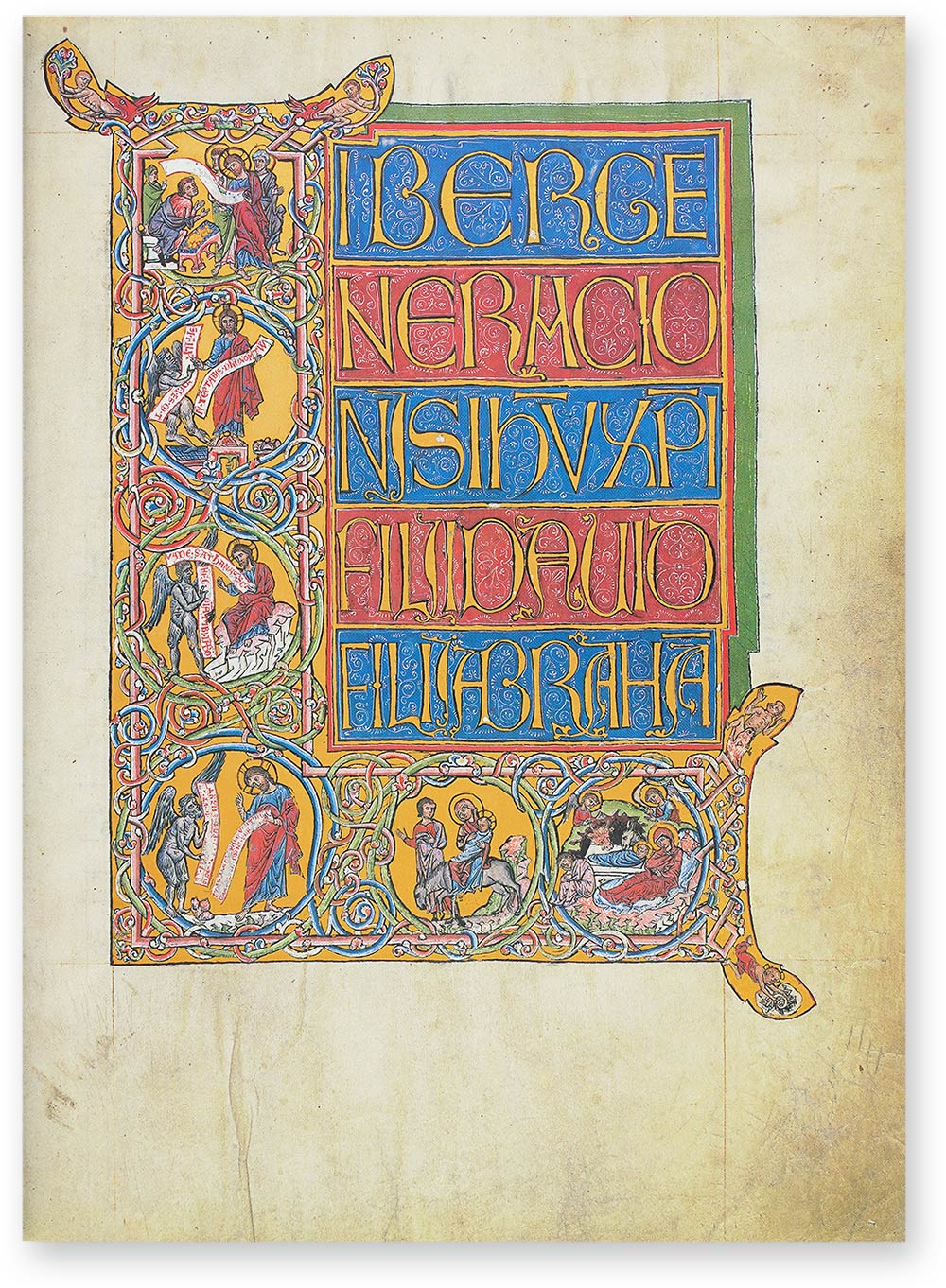 Goslar Gospels Historiated initial 'L' with scenes from the Vita Christi: Unlike the initials infilled with images, here the body of the letter becomes the medium of the image. (Goslar Gospels, Goslar (Germany) — Ca. 1240)
