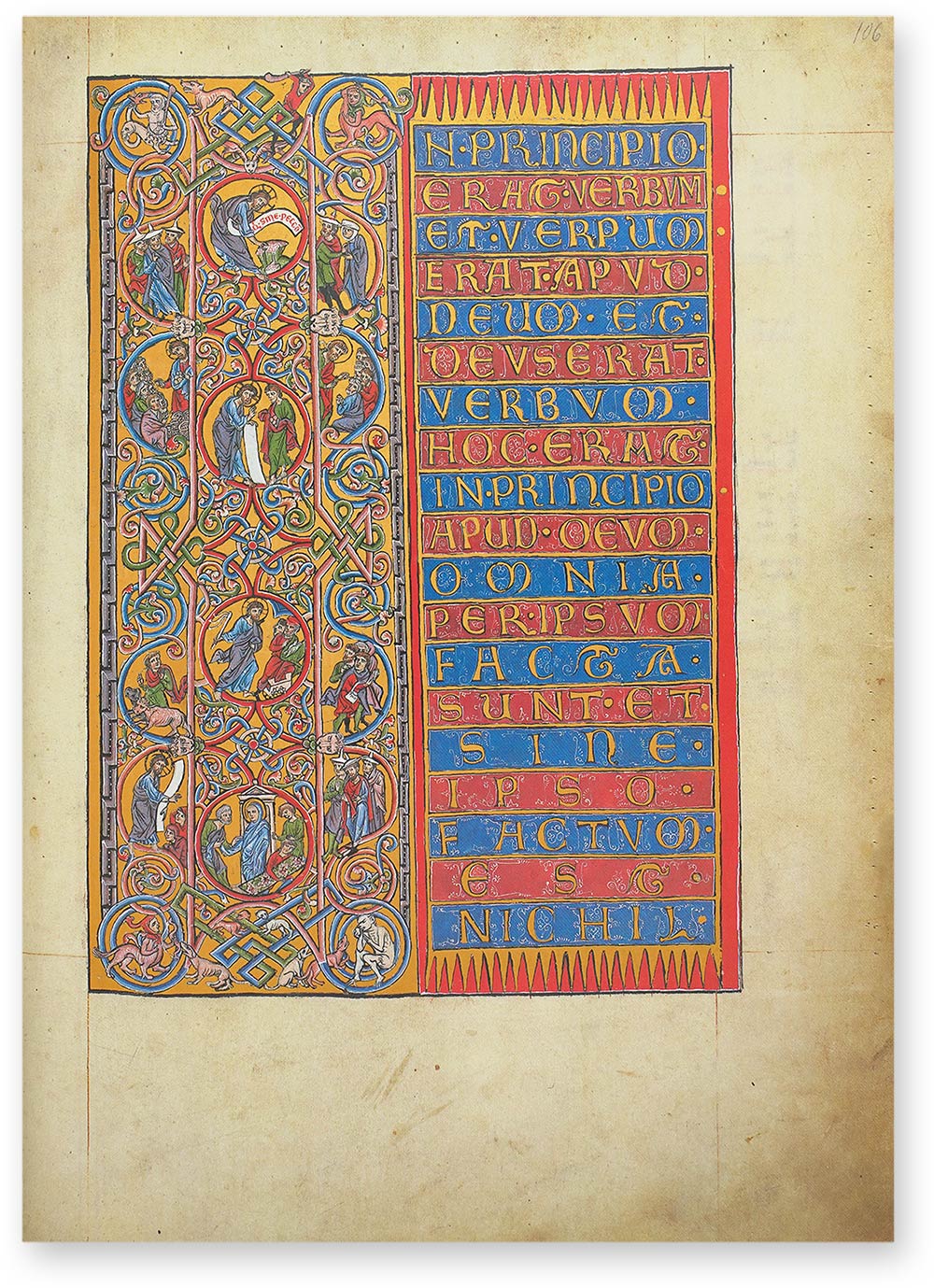 Goslar Gospels Historiated initial 'I' with scenes from the Vita Christi: Unlike the initials infilled with images, here the body of the letter becomes the medium of the image. (Goslar Gospels, Goslar (Germany) — Ca. 1240)