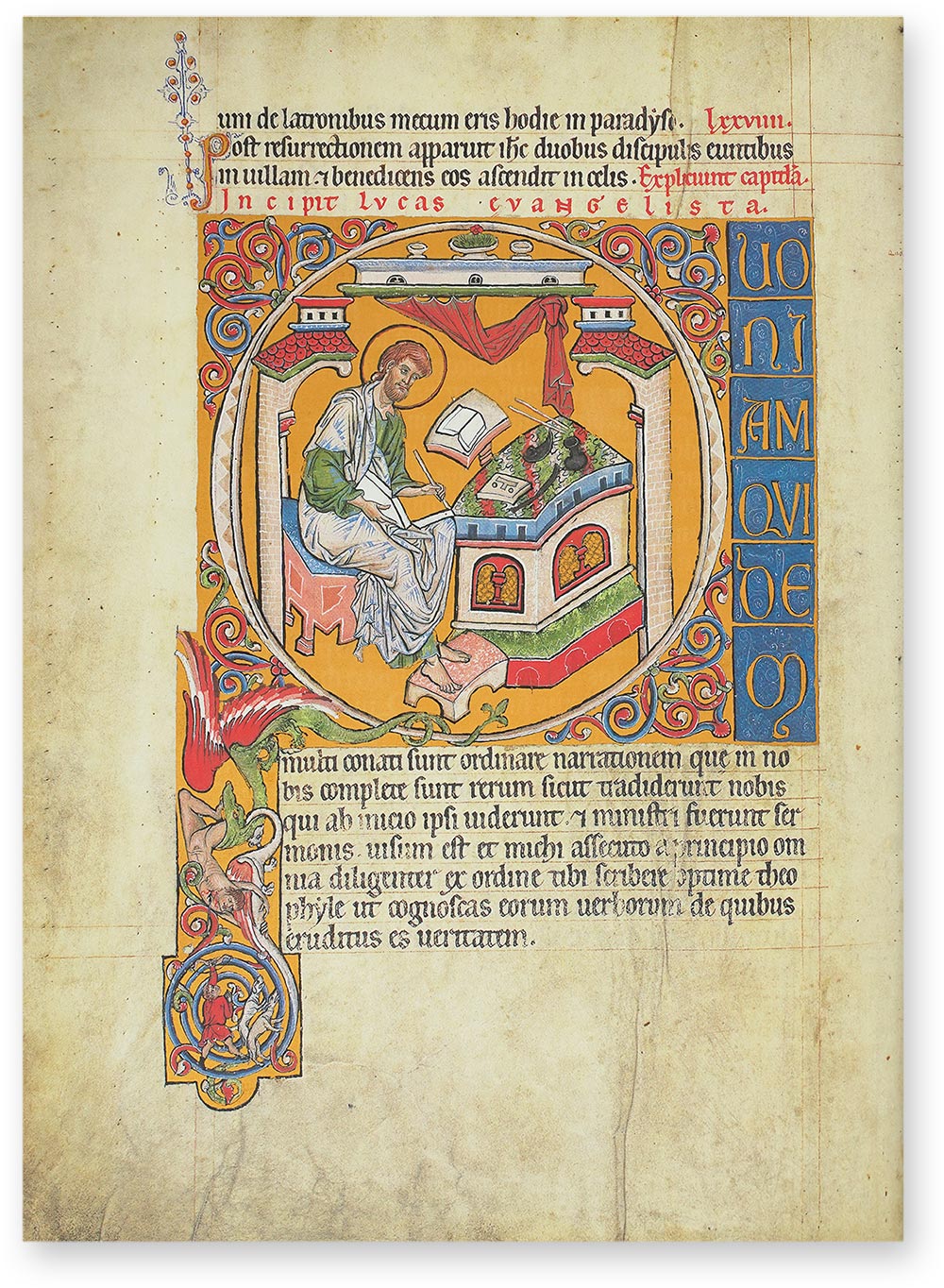 Goslar Gospels Historiated initial 'Q': initial infilled with an Evangelist's portrait. (Goslar Gospels, Goslar (Germany) — Ca. 1240)