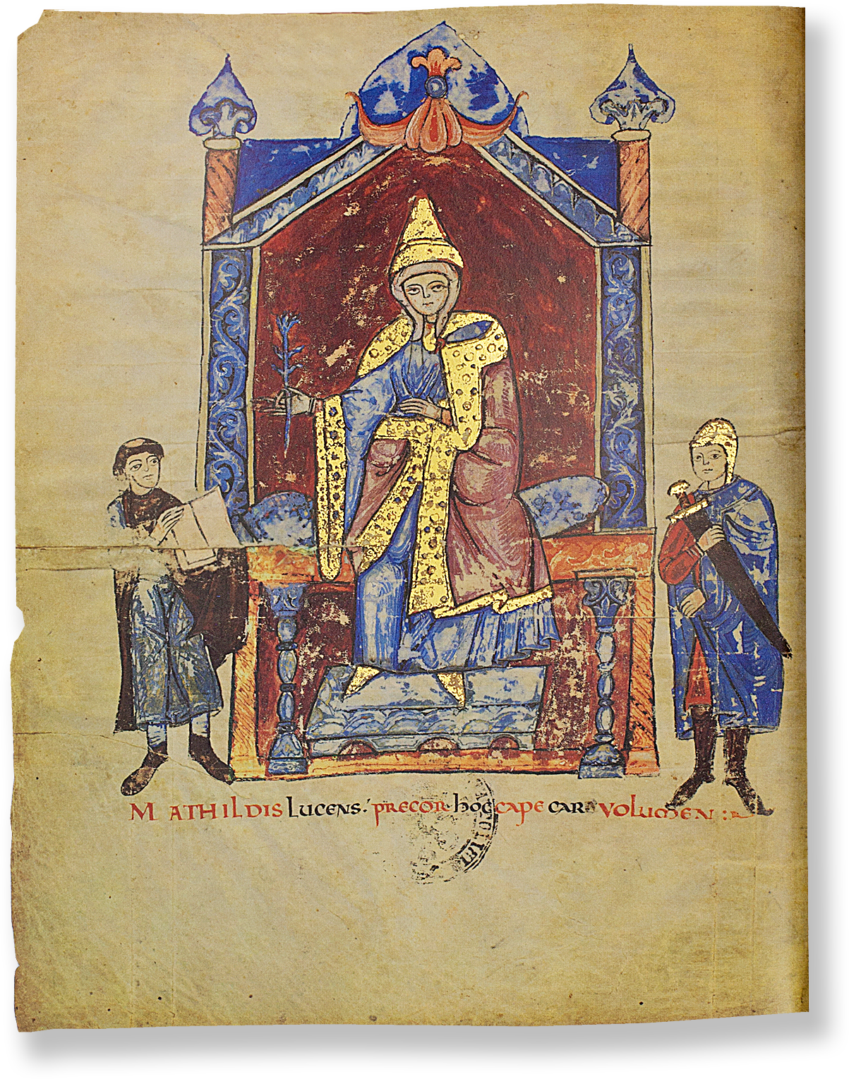 Vita Mathildis In 1115, one of the most important political figures of 11th-century Europe died: Margravine Matilda of Canossa, here enthroned in the dedication miniature in her Vita commissioned while she was still alive. While popes and emperors fought over her rich inheritance until the 13th century, she became a legend in Italy as early as the 12th century. (Vita Mathildis, Monastery of Saint Apollonius in Canossa (Italy) — 1115)