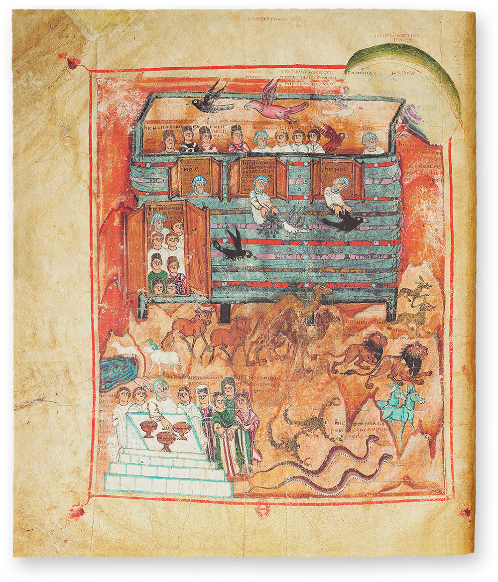 Ashburnham Pentateuch The Ashburnham Pentateuch contains one of the most enigmatic depictions of chalices in medieval book illumination: Although the miniature depicts an Old Testament story - the Flood and Noah's sacrifice after the devastating catastrophe - three chalices were depicted on the altar at the lower left, rather than burnt offerings or sacrifices. They link the Old Testament story to the New Testament and thus to the Christian story of salvation. But why there are three chalices instead of one on the altar is still a mystery to researchers today. (Ashburnham Pentateuch, North Africa, Italy or Spain — 5th – middle of the 8th century)