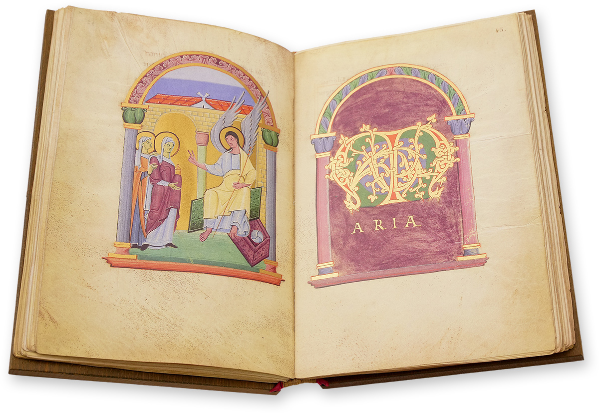 Reichenau Pericopes Book Opposite a beautiful "M" initial introducing the word "Mary", the two Marys enter Christ's burial chamber to find an empty sarcophagus with the angel sitting on its green lid moved away. The scene takes place in front of a masoned double arcade with a column in the center, suggesting that the figures are inside an architectural burial chamber. (Reichenau Pericopes Book, Monastery of Reichenau (Germany) — Beginning of the 11th century)