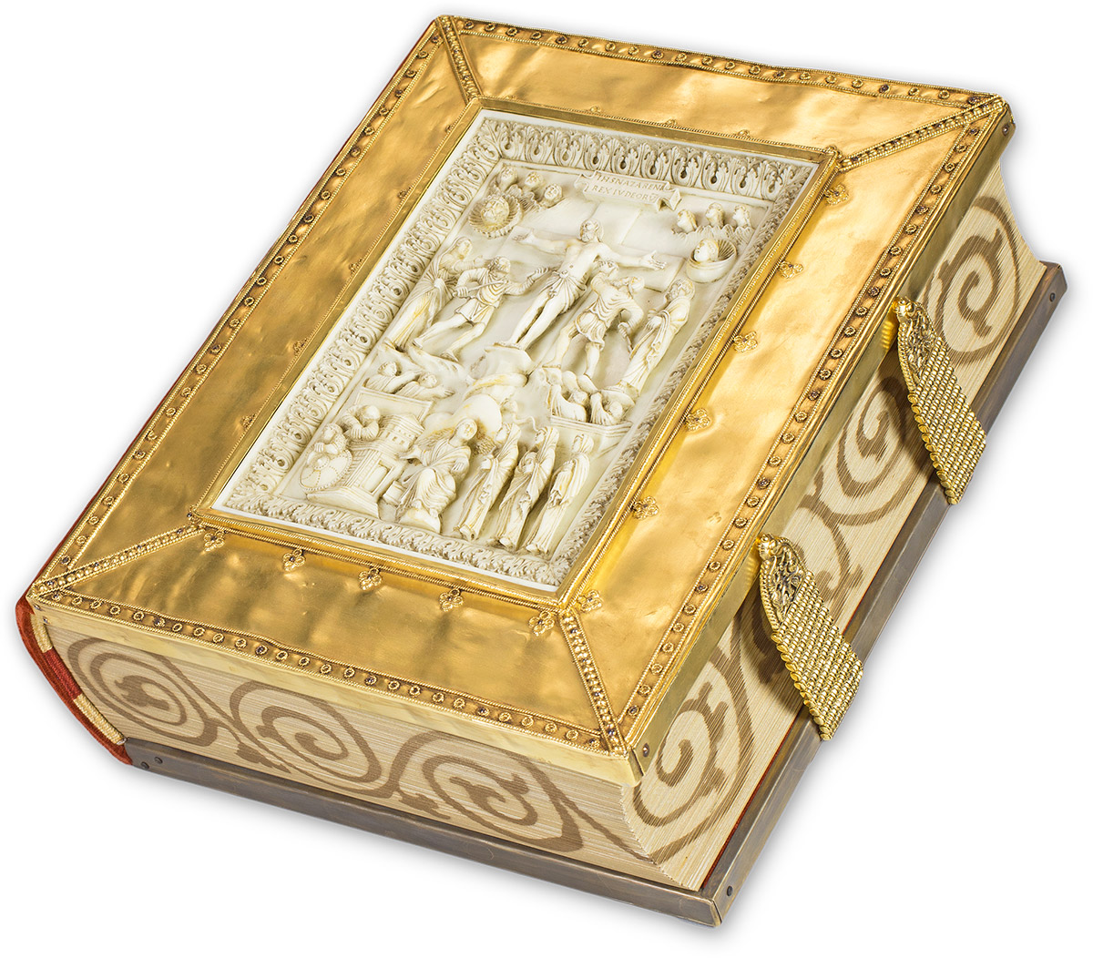 Sacramentary of Henry II The impressive ivory panel in the book cover of th Sacramentary of Henry II is divided into two pictorial registers: While a crucifixion scene is displayed at the top, in the lower register we see the empty tomb of Christ on the left, flanked by two sleeping guards, who are identified as soldiers by the round shield. In front of the open entrance to the tomb-mausoleum sits, directly below Jesus, the angel who tells the three Marys coming from the right about Christ's resurrection. In particular, the foremost of the women and the angel are especially striking for their large, gesticulating hands and are turned toward each other as they communicate. (Sacramentary of Henry II, Benedictine Abbey of St. Emmeram, Regensburg (Germany) — 1007–1014)