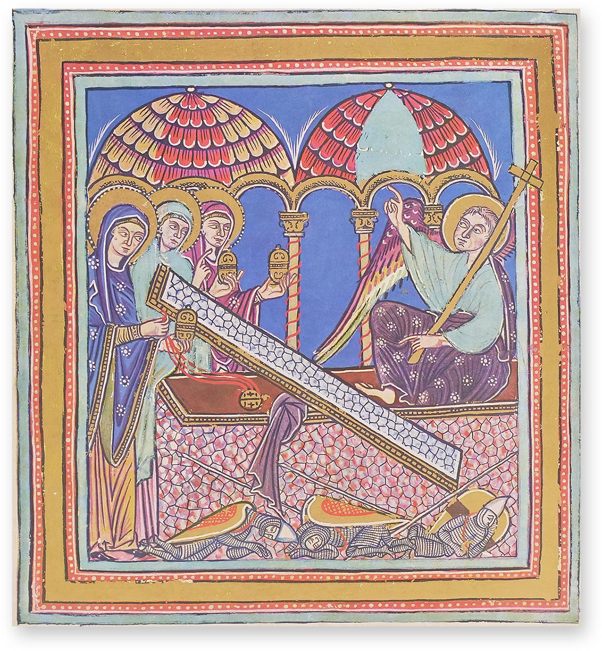 Gospel Book from St. Peter’s In the Gospel Book from St. Peter’s, all three Marys are depicted at the empty tomb. They have with them ointment jars and a thurible, which they seem to present to the angel. (Gospel Book from St. Peter’s, Weissenburg Abbey (Alsace, France) — 1200)