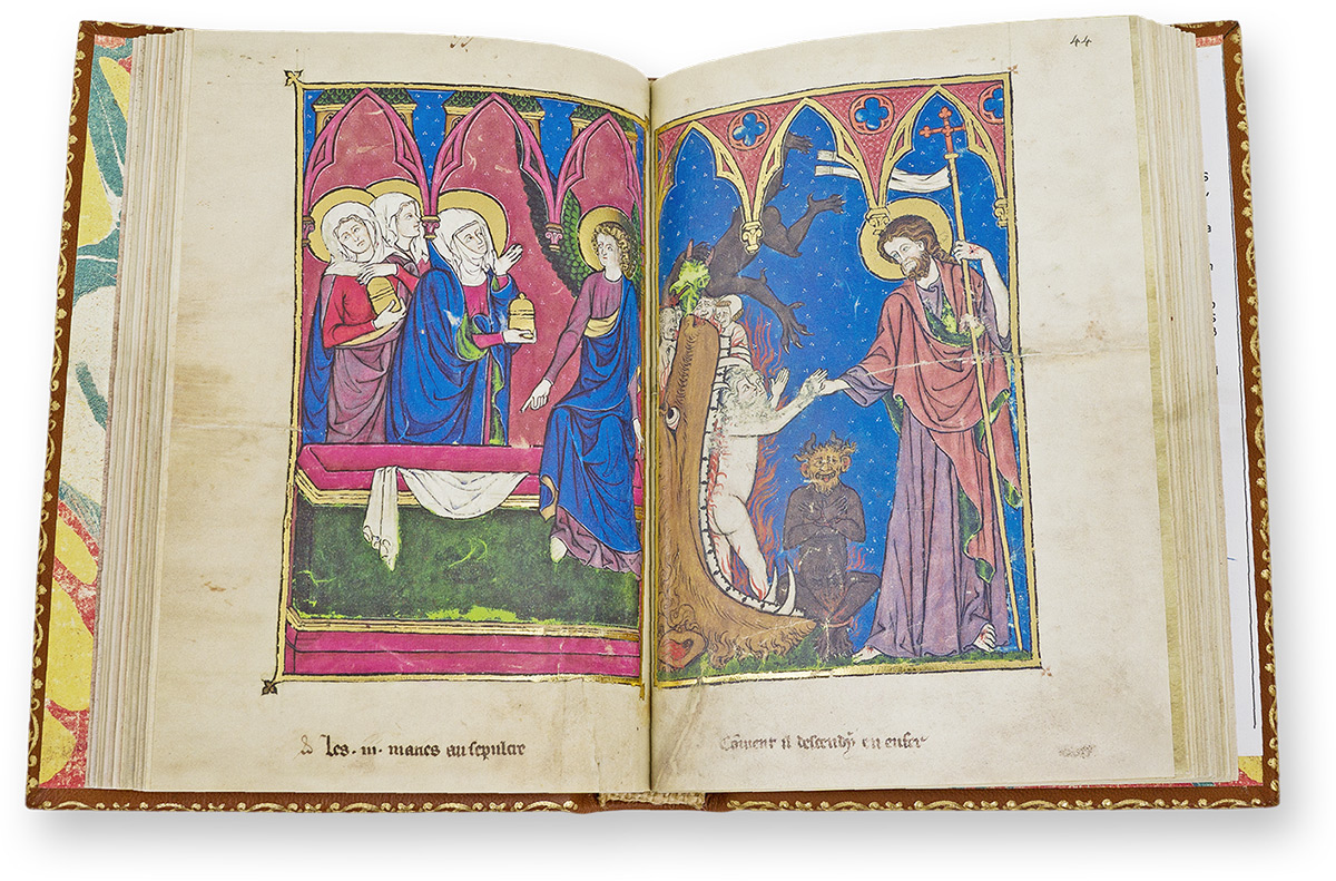 Anglo‐Norman Martyrology: Picture Book of Madame Marie On the left: The Three Women at the Tomb; On the right: The Harrowing of Hell. (Anglo‐Norman Martyrology: Picture Book of Madame Marie, Northern France — 1285–1290)