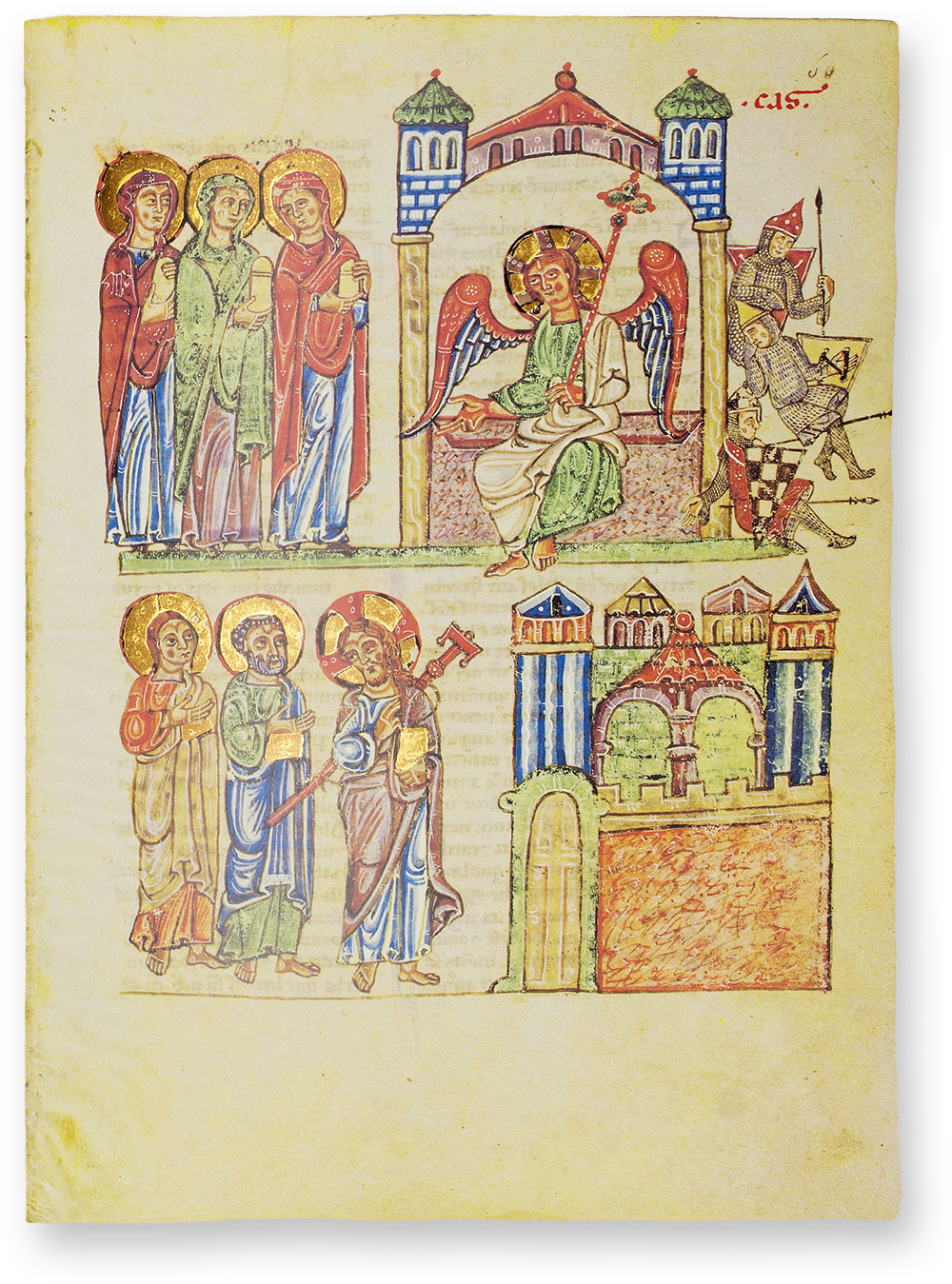 New Testament Piled up on top of each other and completely dismissed, the three guards were added to this miniature to the right of the burial cell. They are also depicted much smaller than the women and the angel, who also play a much more important role in the Gospels. (New Testament, Italy — First half of the 13th century)