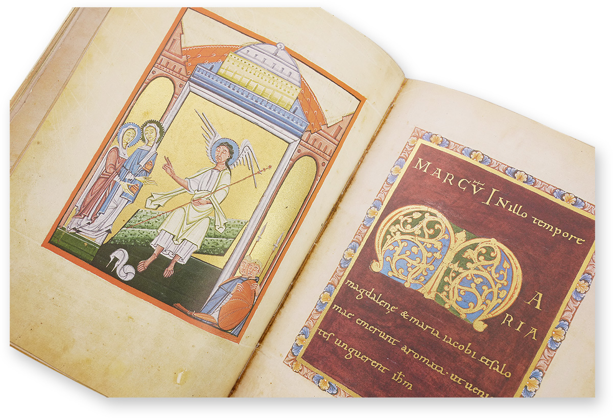 Reichenau Gospel Lectionary The artfully wrapped shroud is not in a prominent place in the picture here, but it stands out because of the strong contrast with the dark green sarcophagus. (Reichenau Gospel Lectionary, Monastery of Reichenau (Germany) — 2nd half of the 11th century)