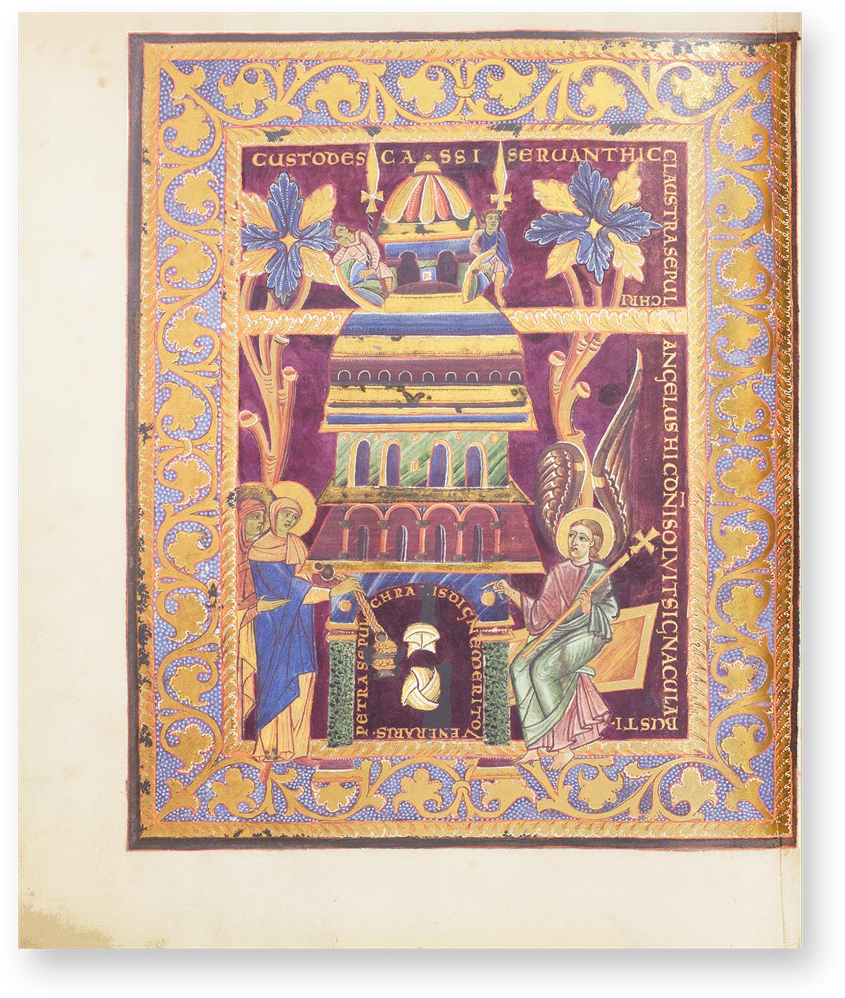 Sacramentary of Henry II The full-page miniature of the Sacramentary of Henry II shows the tomb as a tower-like mausoleum, which consists of many colorful and golden layers of architecture and has two domes at once. The structure is flanked by two stylized trees with artful leaves, while from the left two women enter the picture with an thurible. There they meet the angel who tells them about Christ's resurrection. The figures are not only facing each other communicatively, but also the empty tomb. (Sacramentary of Henry II, Benedictine Abbey of St. Emmeram, Regensburg (Germany) — 1007–1014)