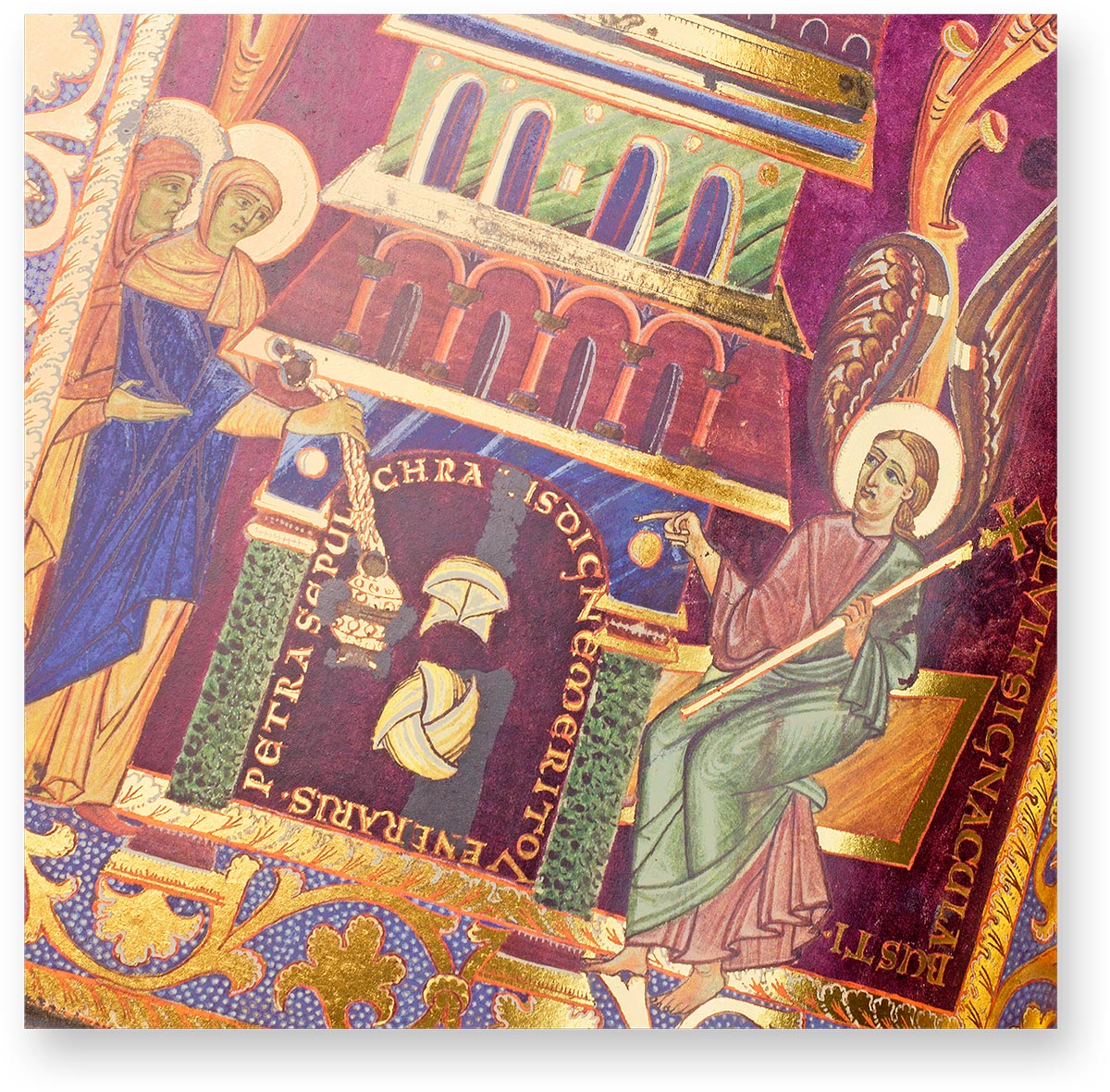 Sacramentary of Henry II The open entrance of the tomb reveals the yawning emptiness inside the mausoleum, represented by a dark, purple area. Only two white and golden shrouds hover in this transcendental space, hinting at the miracle that has taken place here. (Sacramentary of Henry II, Benedictine Abbey of St. Emmeram, Regensburg (Germany) — 1007–1014)
