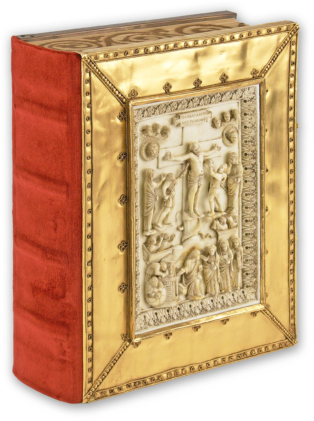 Sacramentary of Henry II The impressive ivory panel in the book cover of the Sacramentary of Henry II is divided into two registers: While a detailed crucifixion scene is revealed at the top, in the lower register we see the empty tomb of Christ on the left, flanked by two sleeping guards, identified as soldiers by the round shield. In front of the open entrance to the tomb-mausoleum sits, directly below Jesus, the angel who tells the three Marys coming from the right about Christ's resurrection. In particular, the foremost of the women and the angel are especially remarkable for their large, gesticulating hands and are turned toward each other as they communicate. (Sacramentary of Henry II, Benedictine Abbey of St. Emmeram, Regensburg (Germany) — 1007–1014)