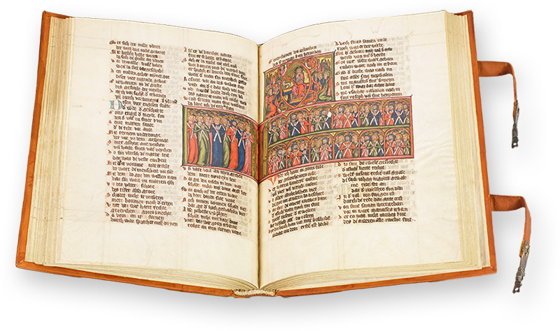 Apocalypse - Heinrich von Hesler Instead of Latin or Greek, the text of this ornate Apocalypse manuscript is written in rhymed German prose. (Apocalypse - Heinrich von Hesler, Germany — mid-14th century)