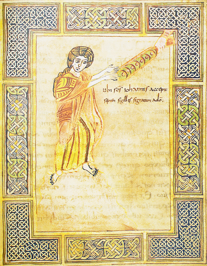 Apocalypse of Valenciennes In a splendid frame of Insular interlace, John’s vision is represented by a scroll being handed down to him from above, which is affixed with seven seals for the seven churches of Asia to whom he is instructed to share this vision. (Apocalypse of Valenciennes, France or Germany — first quarter of the 9th century)