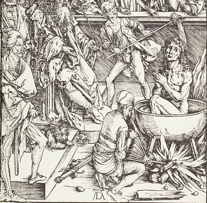 Apocalypse with Pictures by Albrecht Dürer The martyrdom of St. John, author of the Book of Revelation, who resembles a young Albrecht Dürer here. (Apocalypse with Pictures by Albrecht Dürer, Nuremberg, Germany — 1498)