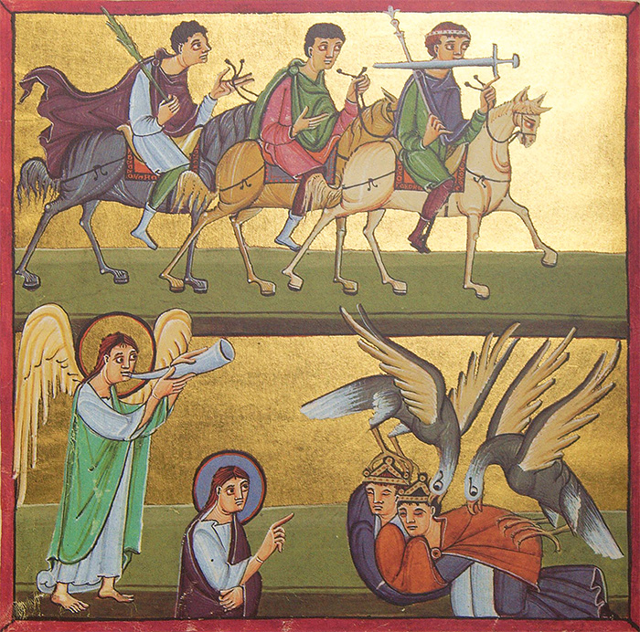 Bamberg Apocalypse The kings who have followed the Beast are defeated and all birds in the sky feast upon their flesh. (Bamberg Apocalypse, Monastery of Reichenau, Germany — ca. 1000–1020)