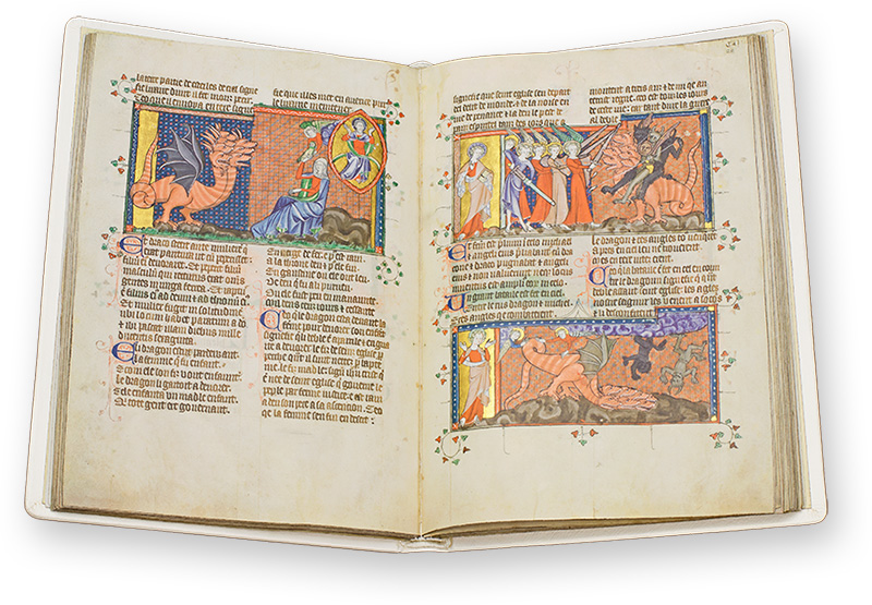 Corpus Apocalypse In Chapter 12 of the Book of Revelation, the Woman of the Apocalypse gives birth to a son who is threatened by a dragon representing Satan, and thus triggers the War in Heaven, whereby Satan and his Fallen Angels are defeated and cast out of heaven. (Corpus Apocalypse, London, United Kingdom — 1340–1350)