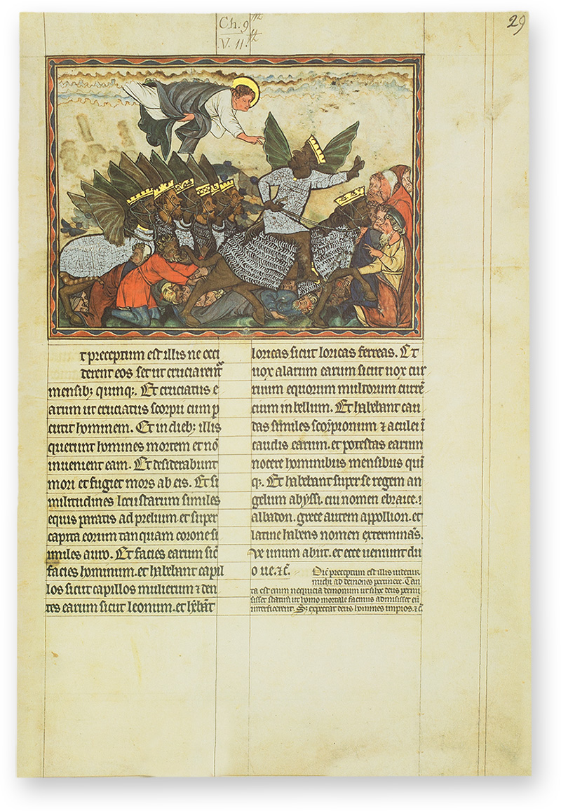 Oxford Apocalypse During the First Woe, a star falls from the sky, opening up a bottomless pit, which unleashes an army of locusts with scorpions’ tales commanded by the angel Abaddon. (Oxford Apocalypse, Court School of Westminster, United Kingdom — ca. 1272)
