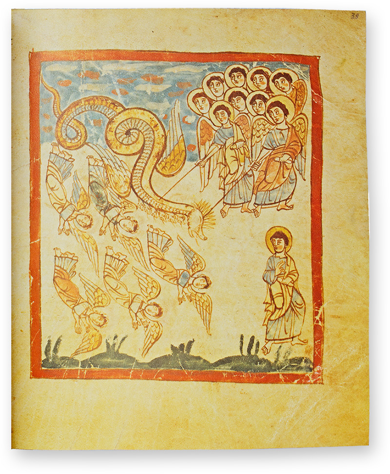 Treves Apocalypse The War in Heaven: Satan, in the form of a dragon, and his rebel angels are defeated and cast down to Earth. (Treves Apocalypse, Northern France, probably Tours — ca. 800)