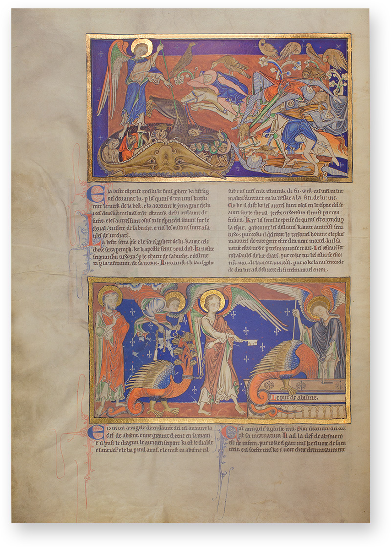 Trinity Apocalypse After Satan, who has taken the form of a dragon, is defeated, he is imprisoned for a thousand years in a bottomless pit. (Trinity Apocalypse, Northern France or England — 1242–1260)