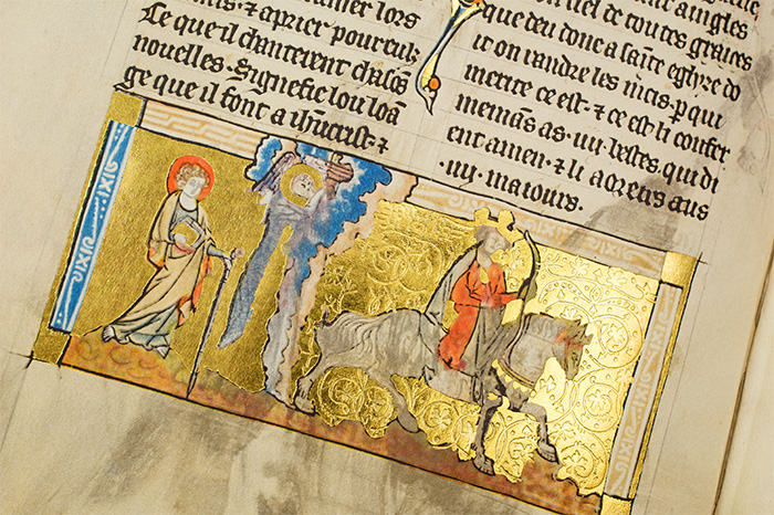 Apocalypse of Lorraine This miniature of the First Horseman of the Apocalypse features a gold leaf background elegantly engraved with tendril spirals. (Apocalypse of Lorraine, Metz, France — first half of the 14th century)