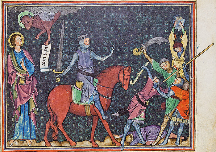 Val-Dieu Apocalypse The rider on the red horse is generally understood to symbolize war, civil war to be specific according to some theologians. (Val-Dieu Apocalypse, Normandy, France — ca. 1320–1330)