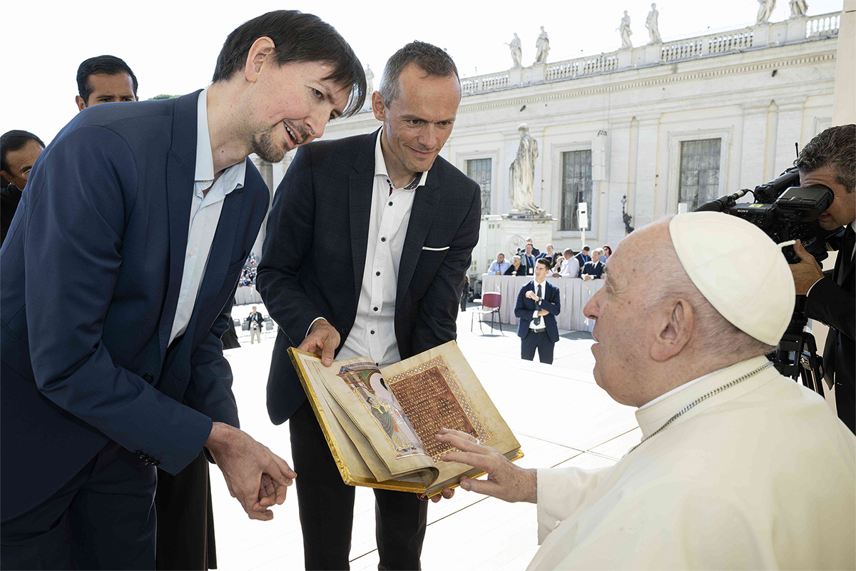 The name of Reichenau Island, with its famous scriptorium, is immediately recognized by the Holy Father. Photo (c) Vatican Media